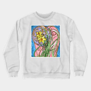 Two Daffodils and Branches Painting in Art Nouveau Style, Pastel Colors Crewneck Sweatshirt